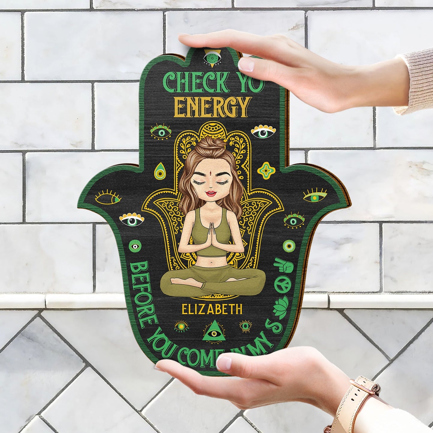 Personalized Hamsa Wood Sign: "Please Be Mindful Of The Energy You Bring"