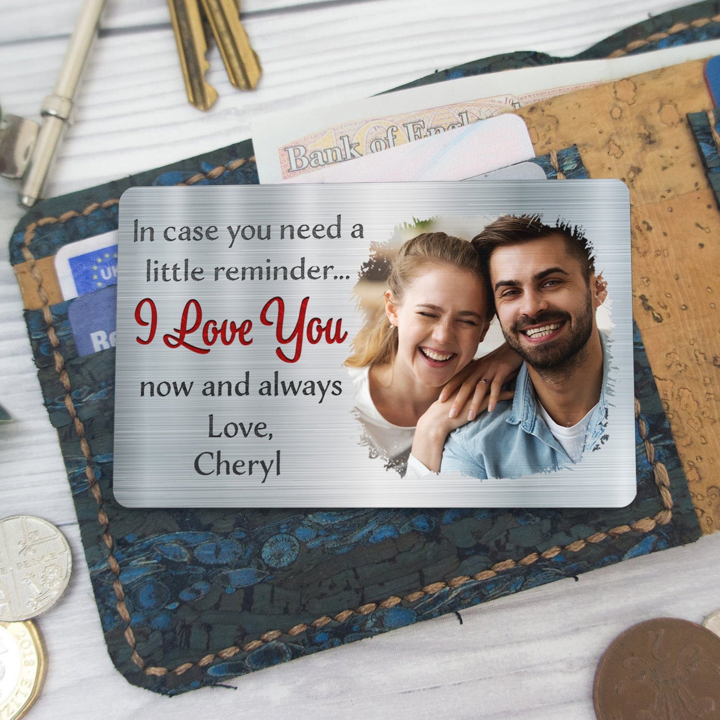 Custom Photo Aluminum Wallet Card - 'I Love You Now & Always' Couples Gift