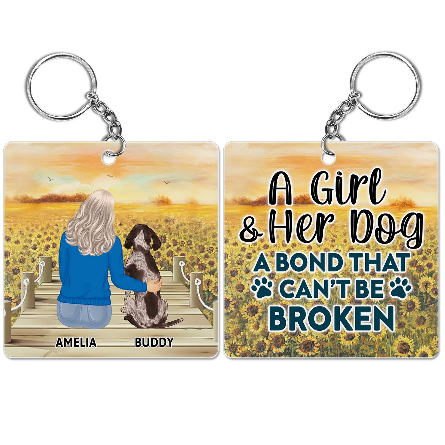 Personalized "A Bond That Can't Be Broken" Girl & Dog Keychain Gift