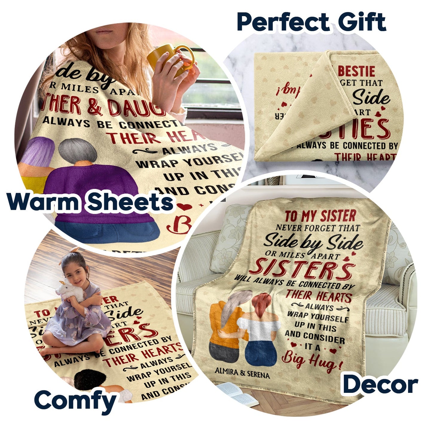 Personalized Sister Blanket: "Side by Side or Miles Apart" Big Hug Gift