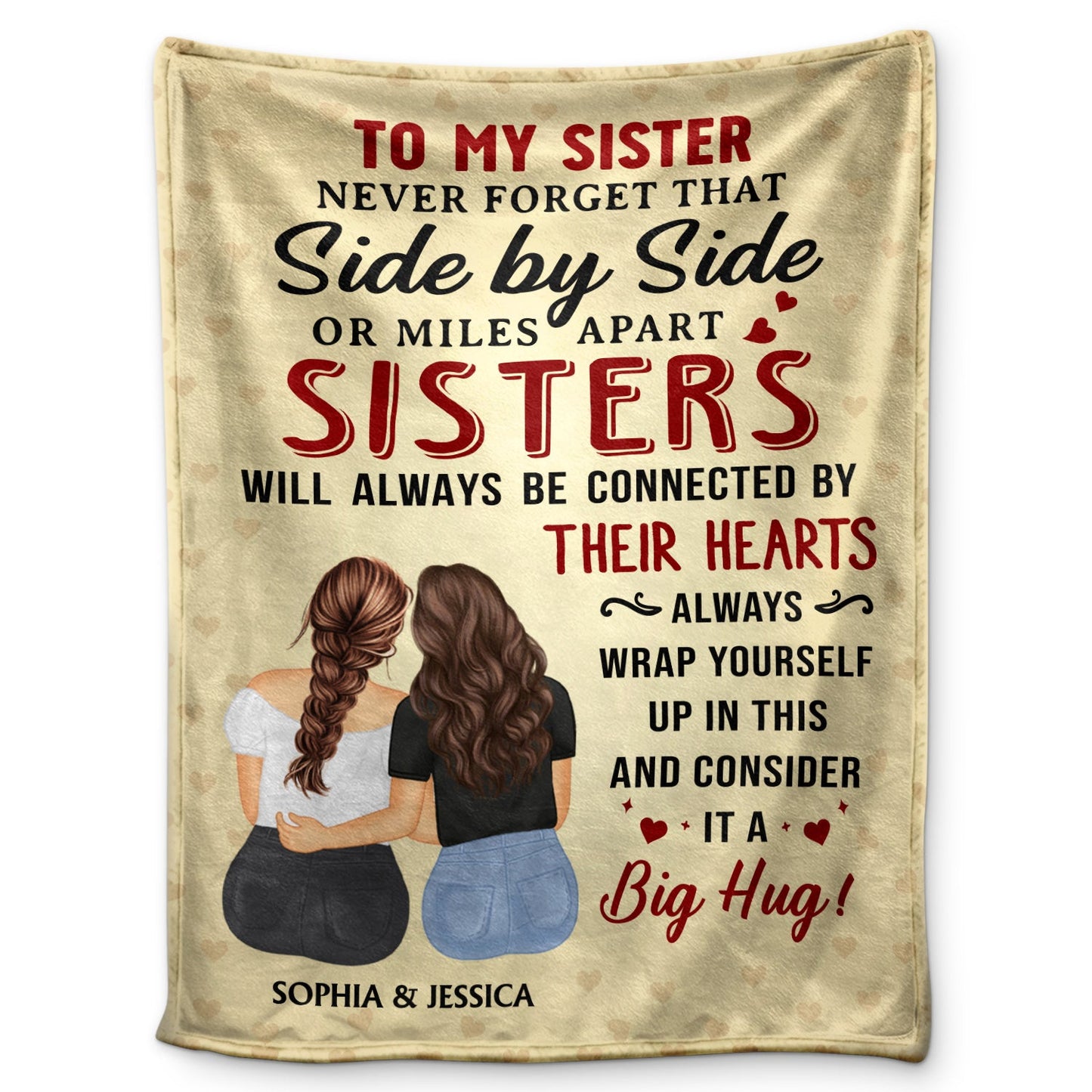 Personalized Sister Blanket: "Side by Side or Miles Apart" Big Hug Gift