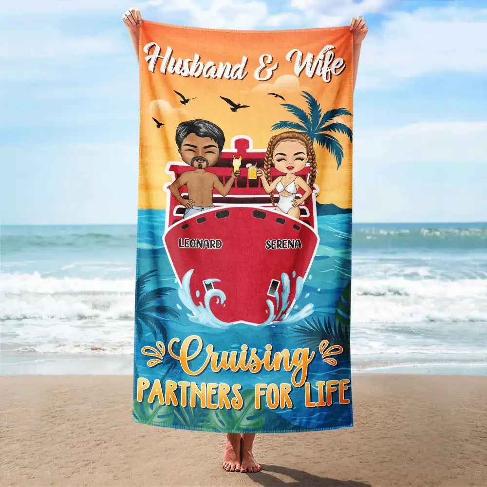 Heartfelt Personalized "Cruising Partners For Life" Beach Towel for Couples