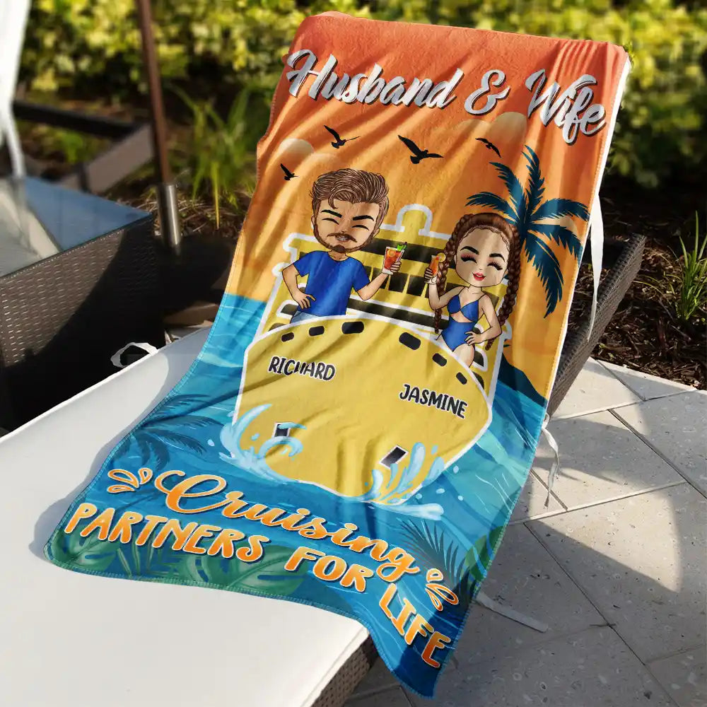 Heartfelt Personalized "Cruising Partners For Life" Beach Towel for Couples