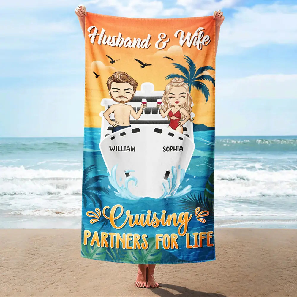 Heartfelt Personalized "Cruising Partners For Life" Beach Towel for Couples