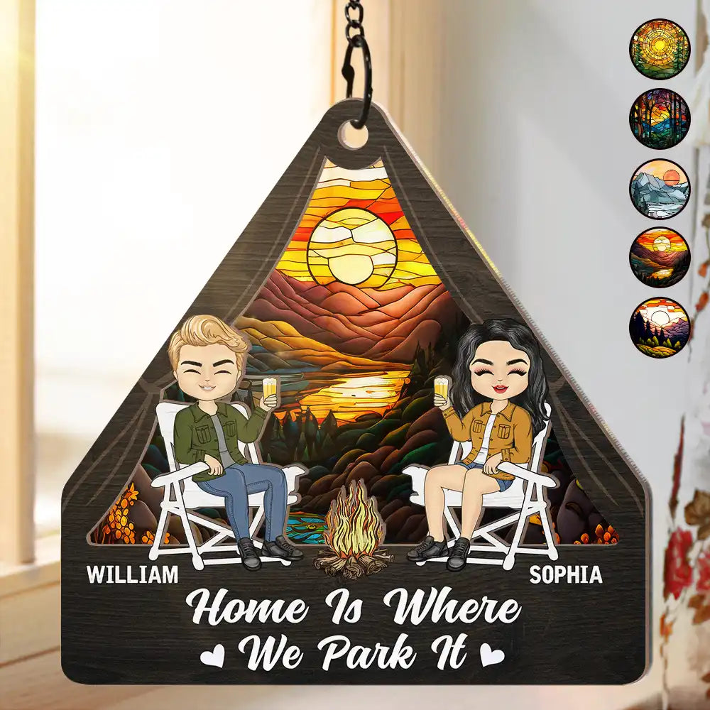 Custom 'Home Is Where We Park It' Suncatcher Ornament for Camping Couples