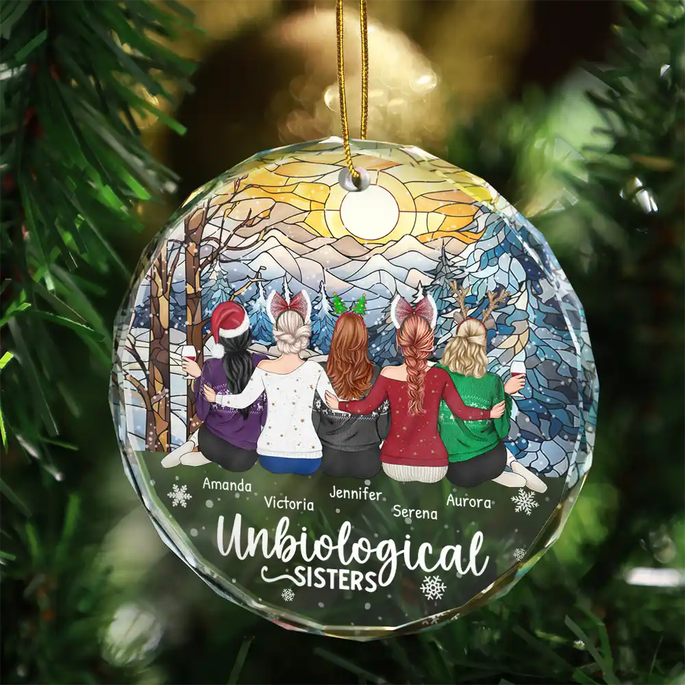 Personalized 'Unbiological Sisters' Christmas Keepsake Glass Ornament