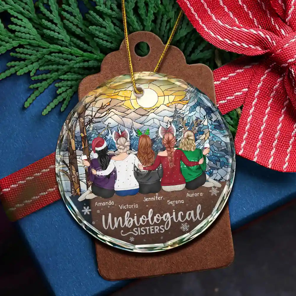 Personalized 'Unbiological Sisters' Christmas Keepsake Glass Ornament