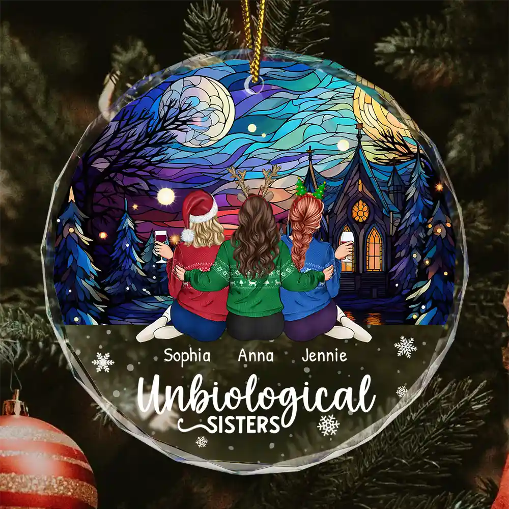 Personalized 'Unbiological Sisters' Christmas Keepsake Glass Ornament