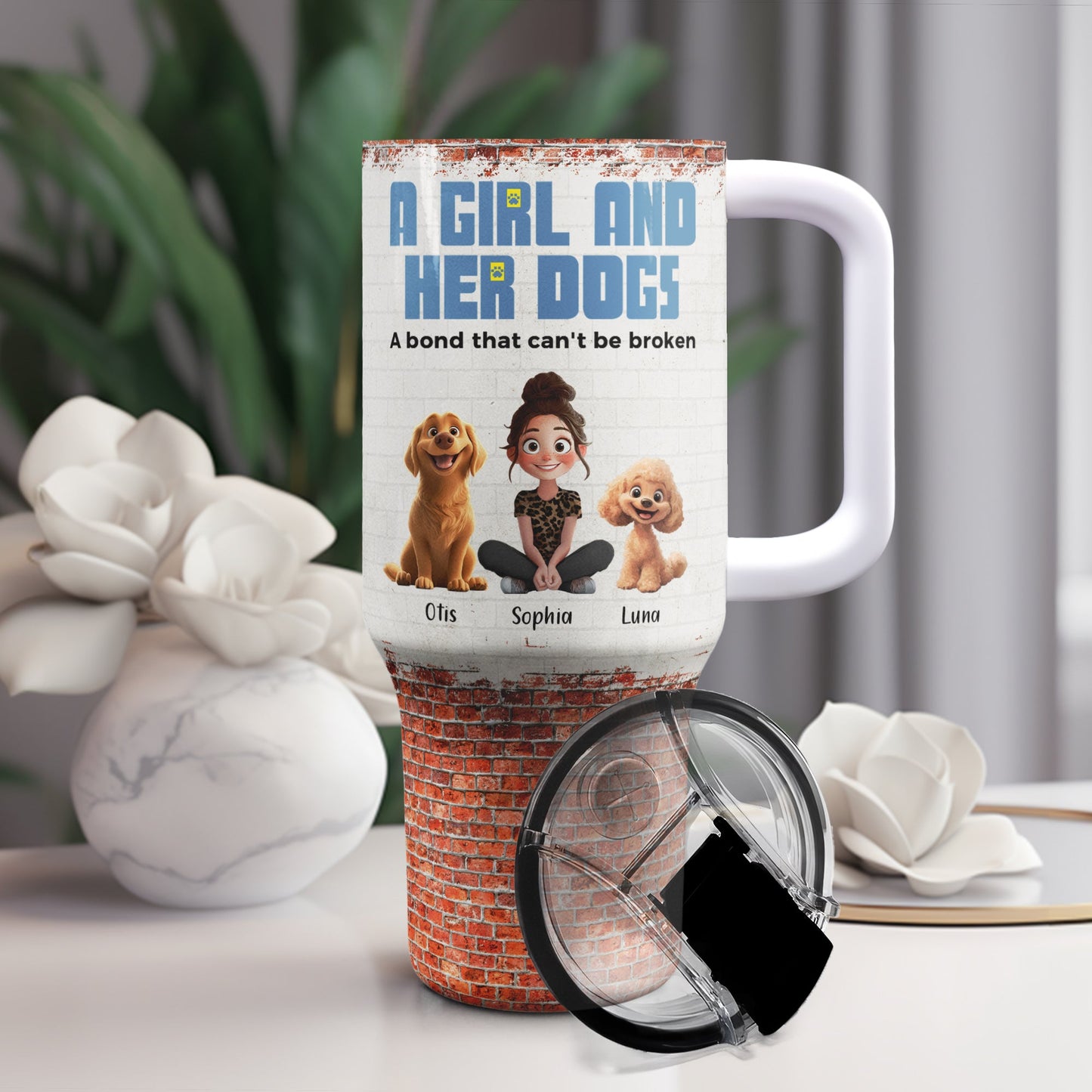 Personalized Unbreakable Bond 'Girl & Her Dogs' 40oz Dog Mom Tumbler