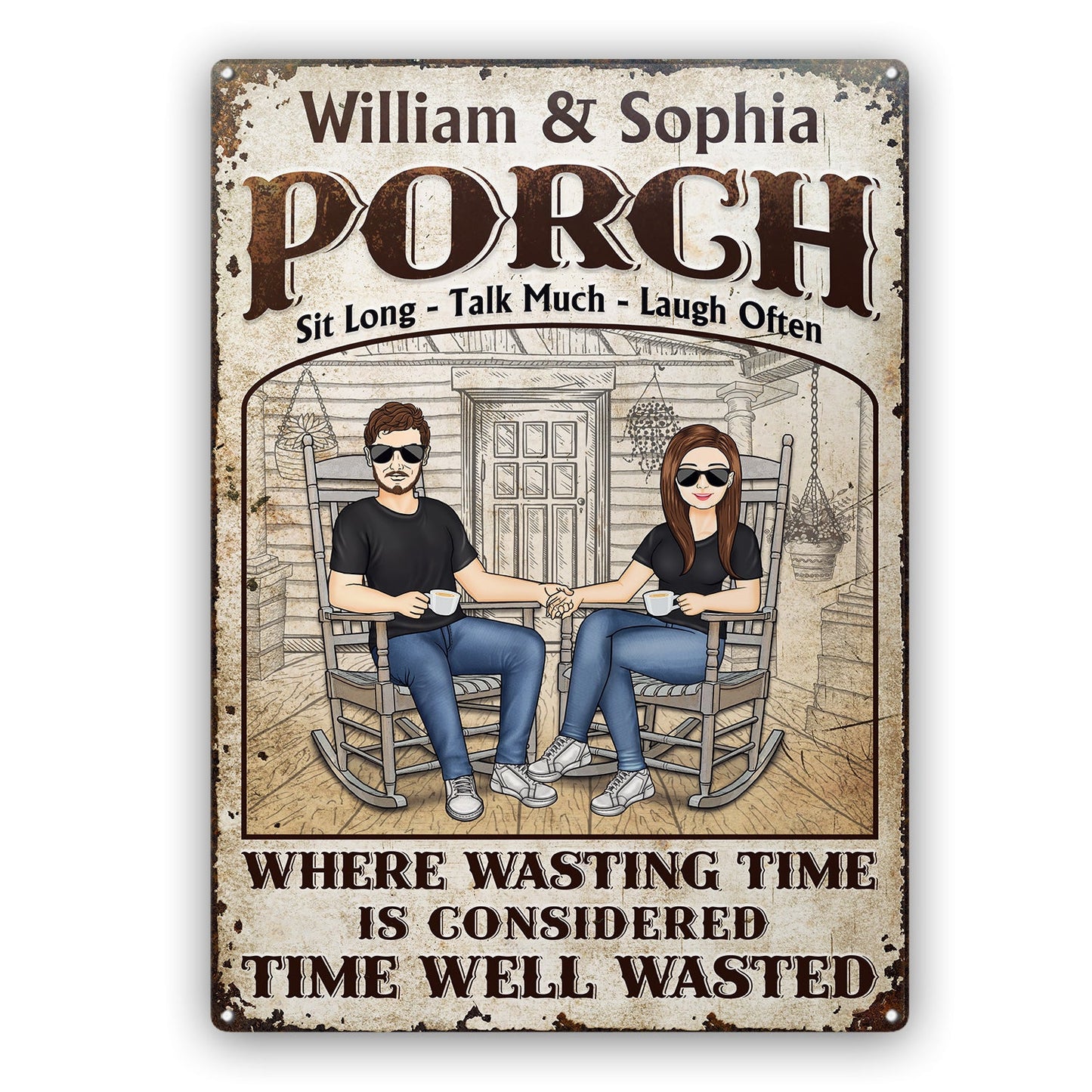 Personalized Rustic Porch Metal Sign for Couples - 'Time Well Wasted'