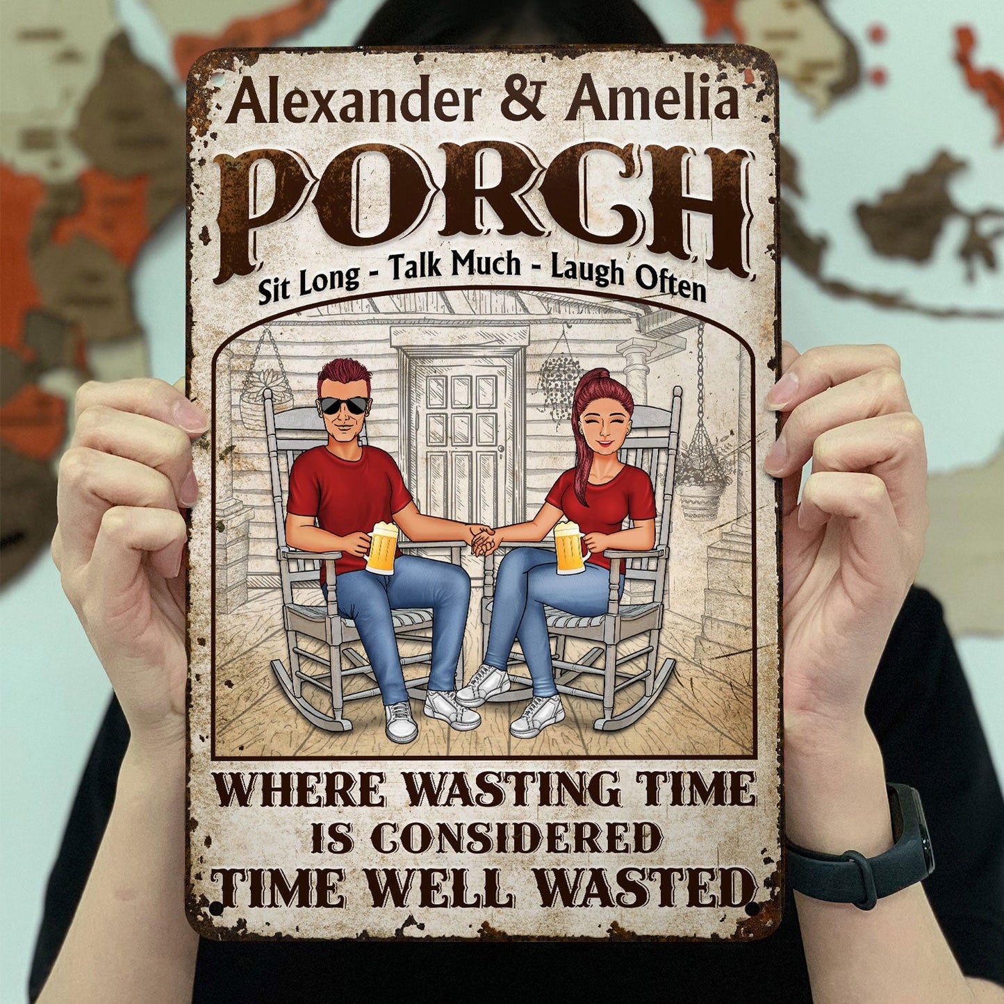 Personalized Rustic Porch Metal Sign for Couples - 'Time Well Wasted'