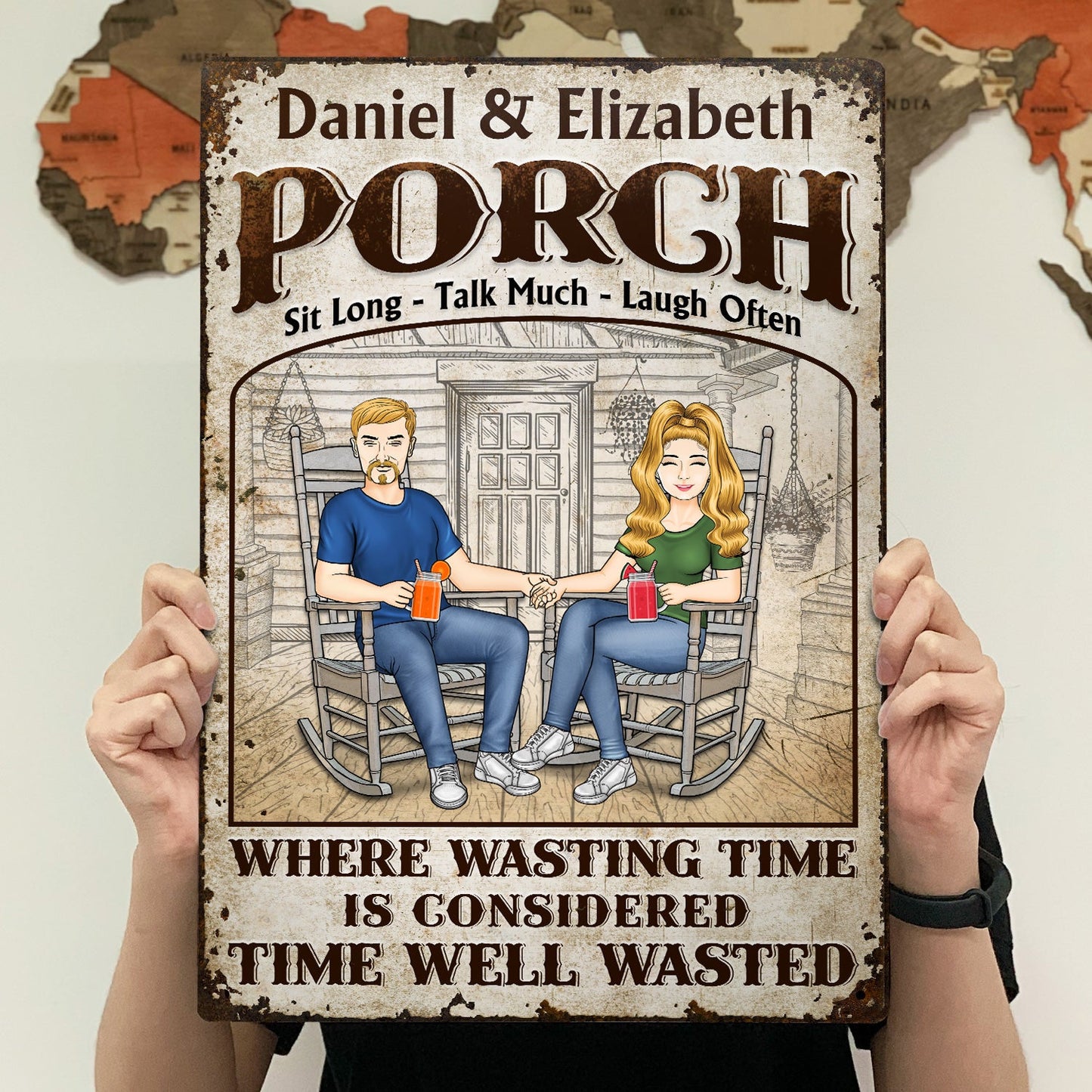 Personalized Rustic Porch Metal Sign for Couples - 'Time Well Wasted'
