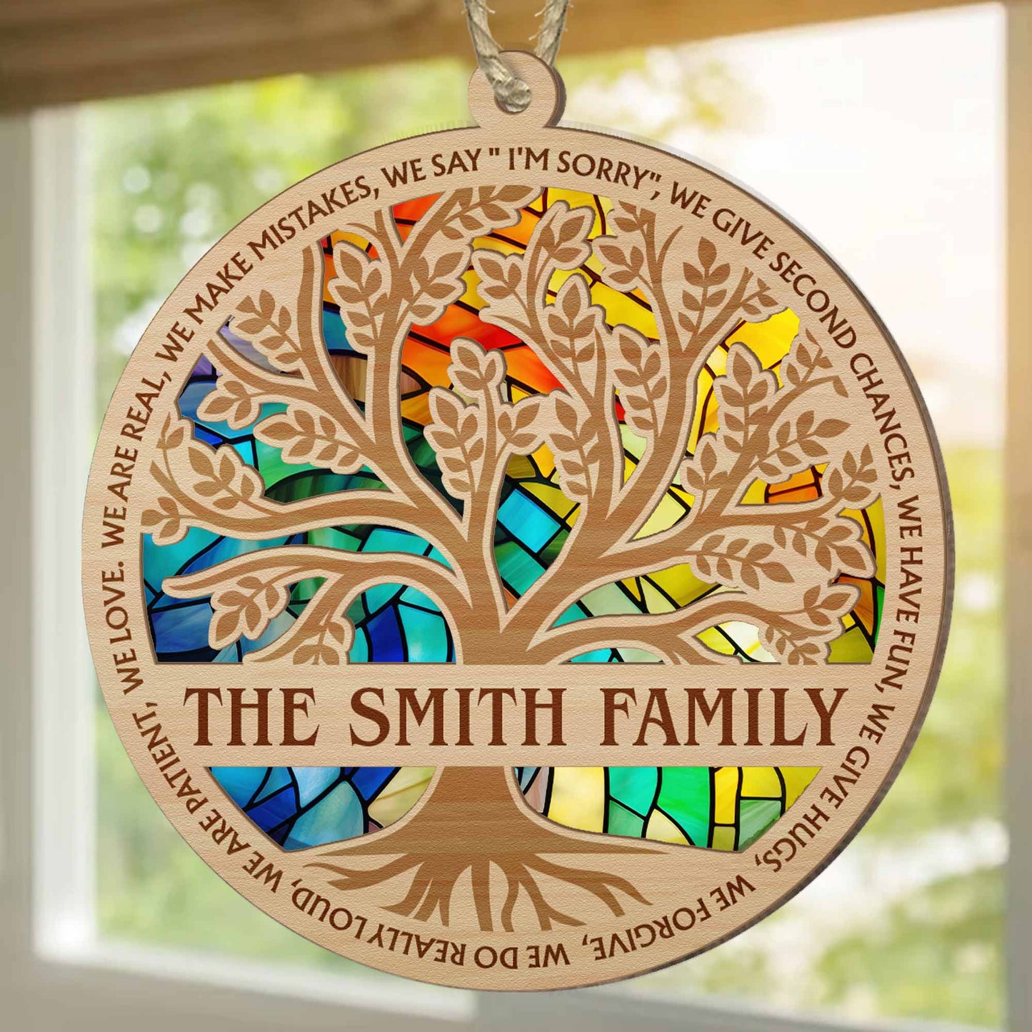 Personalized Family Tree Suncatcher Ornament: "We Are Real, We Love"