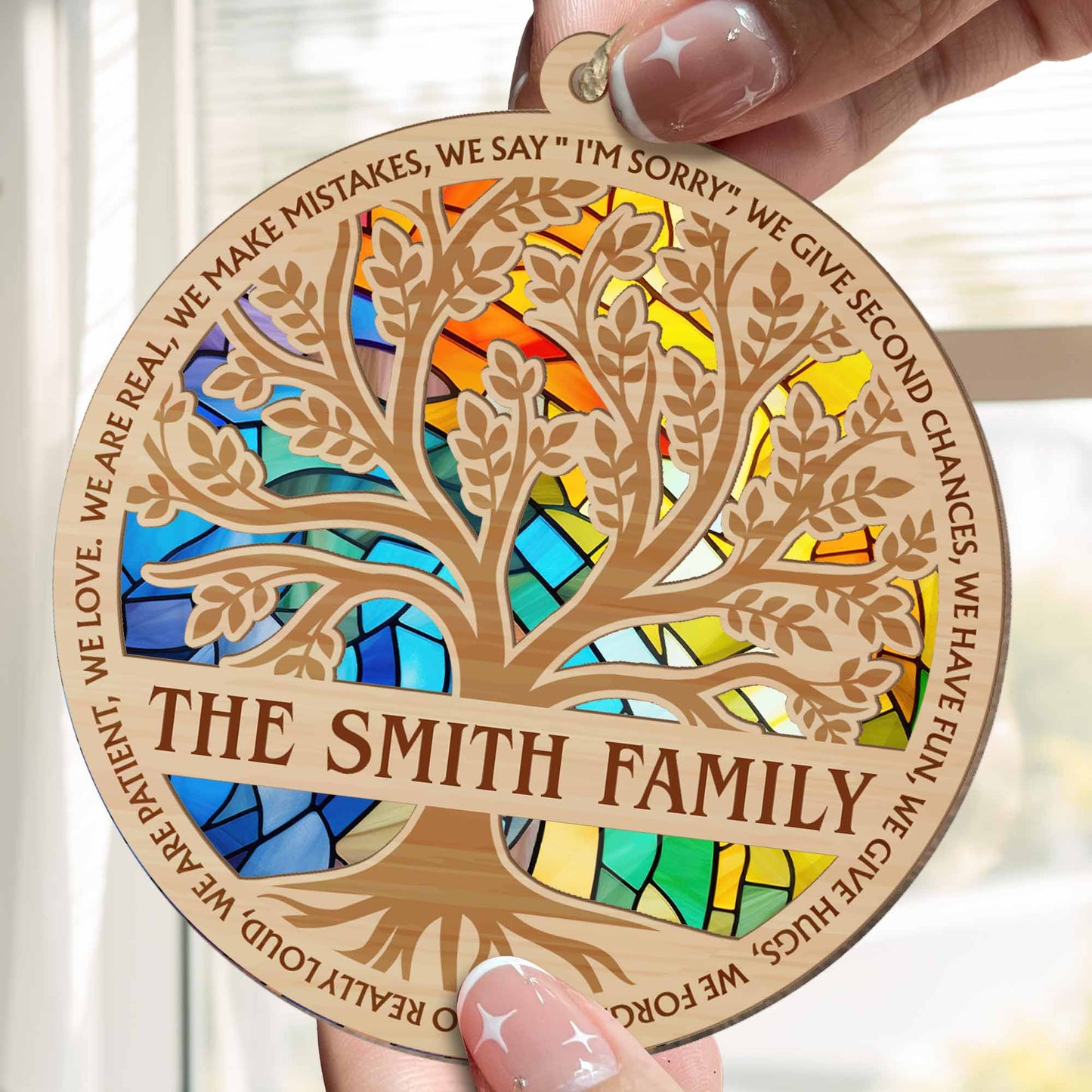 Personalized Family Tree Suncatcher Ornament: "We Are Real, We Love"