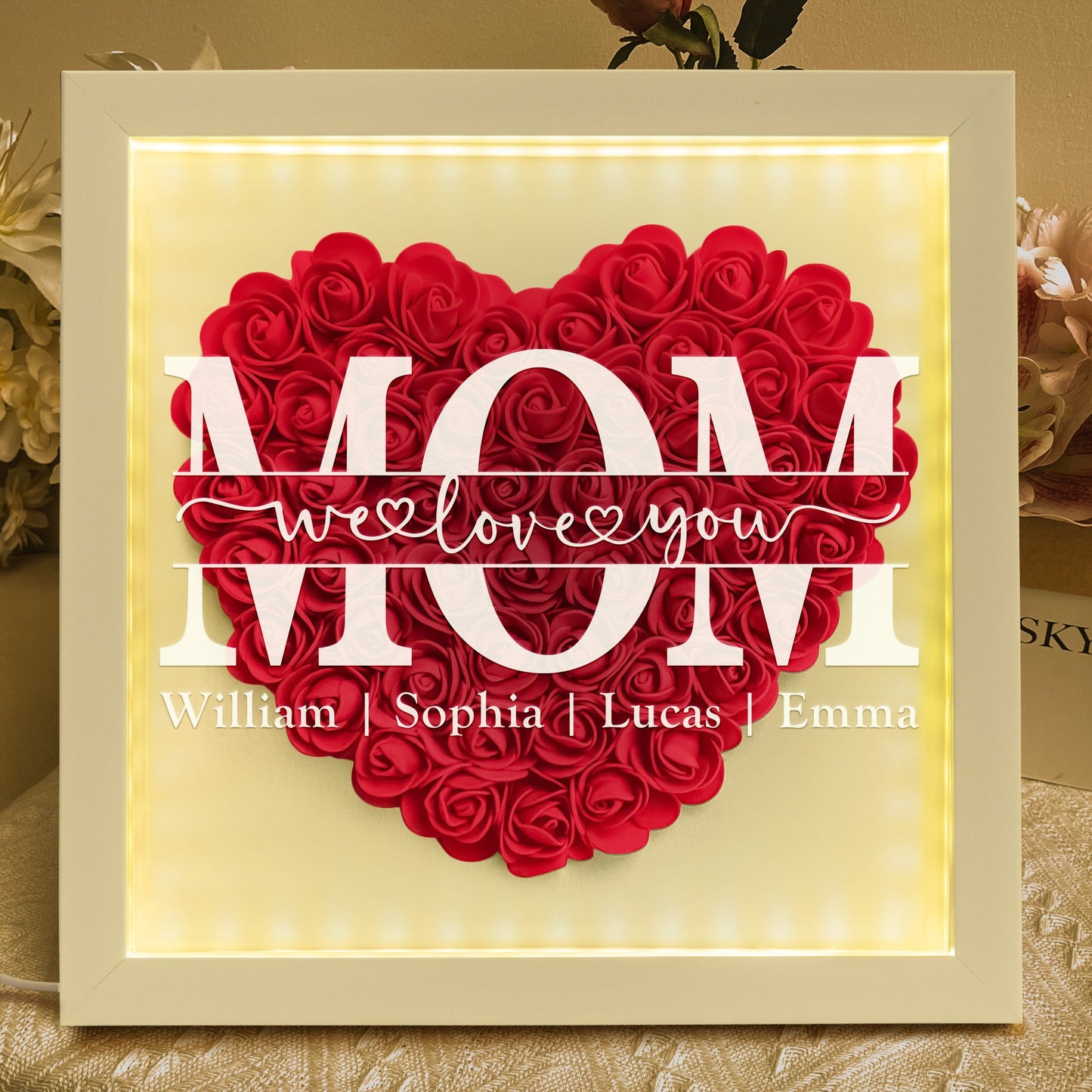 Heartfelt 'We Love You Mom' Personalized LED Flower Shadow Box