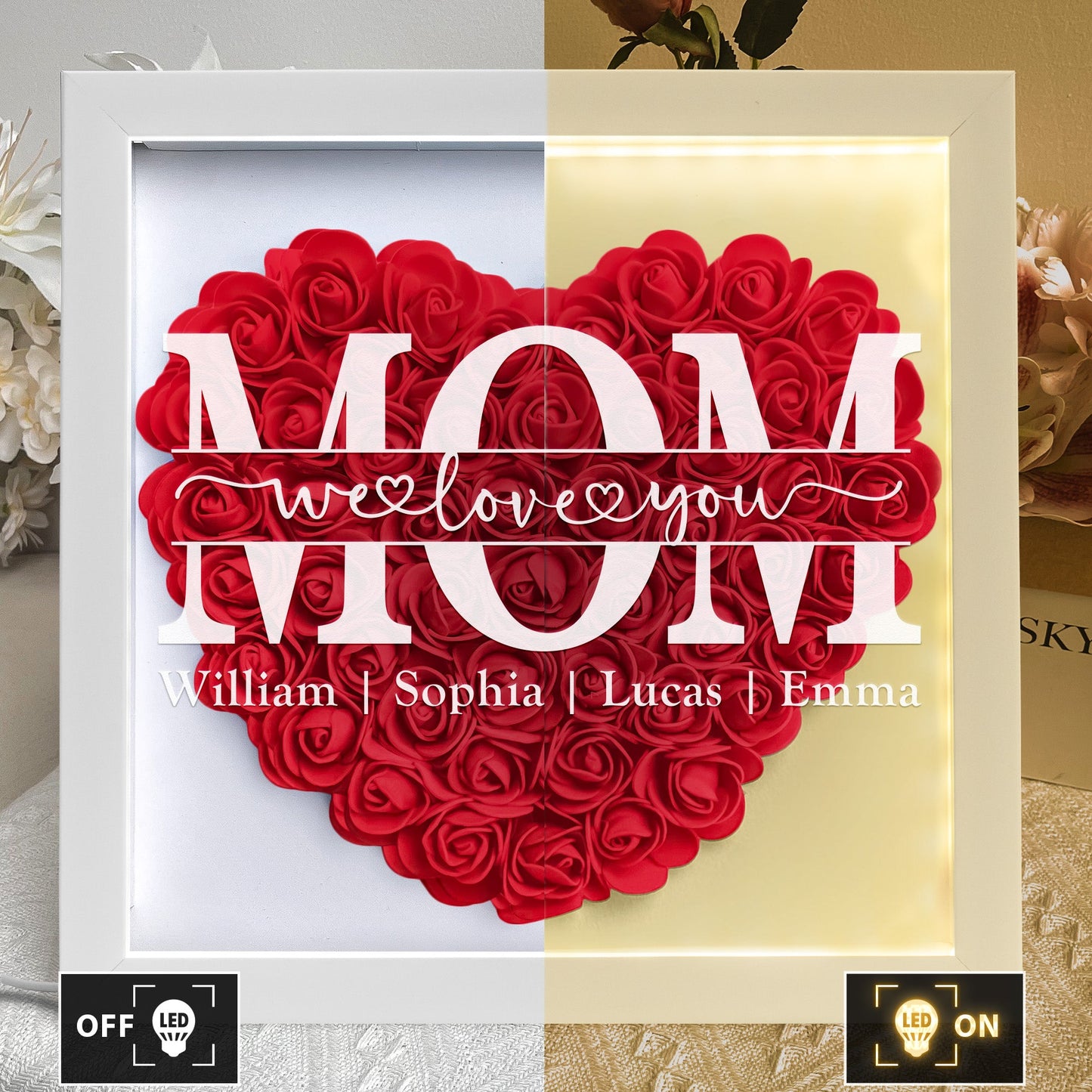 Heartfelt 'We Love You Mom' Personalized LED Flower Shadow Box