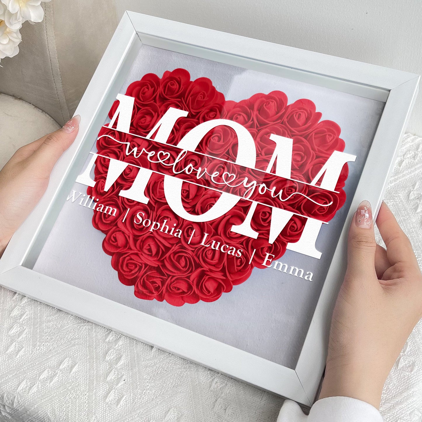 Heartfelt 'We Love You Mom' Personalized LED Flower Shadow Box