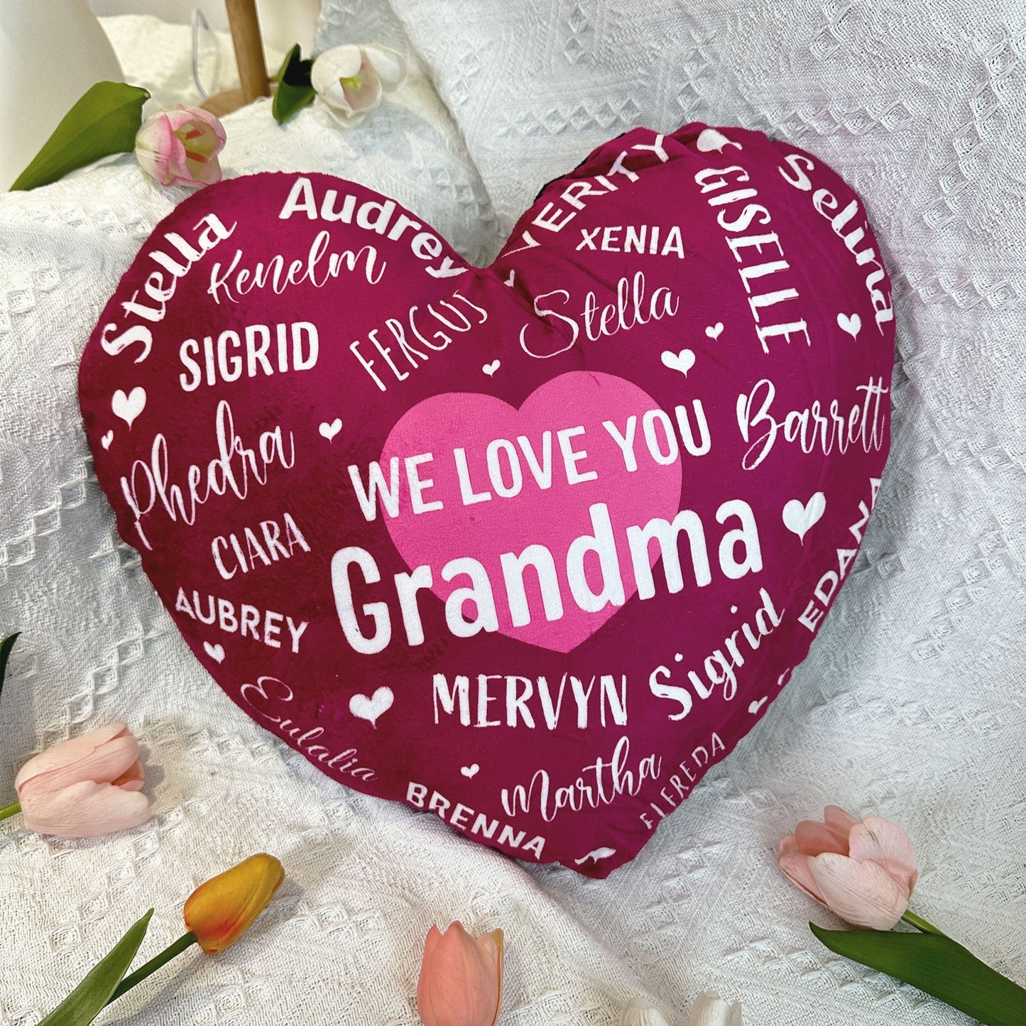Personalized 'We Love You Grandma' Heart Pillow - Custom Grandchildren Names