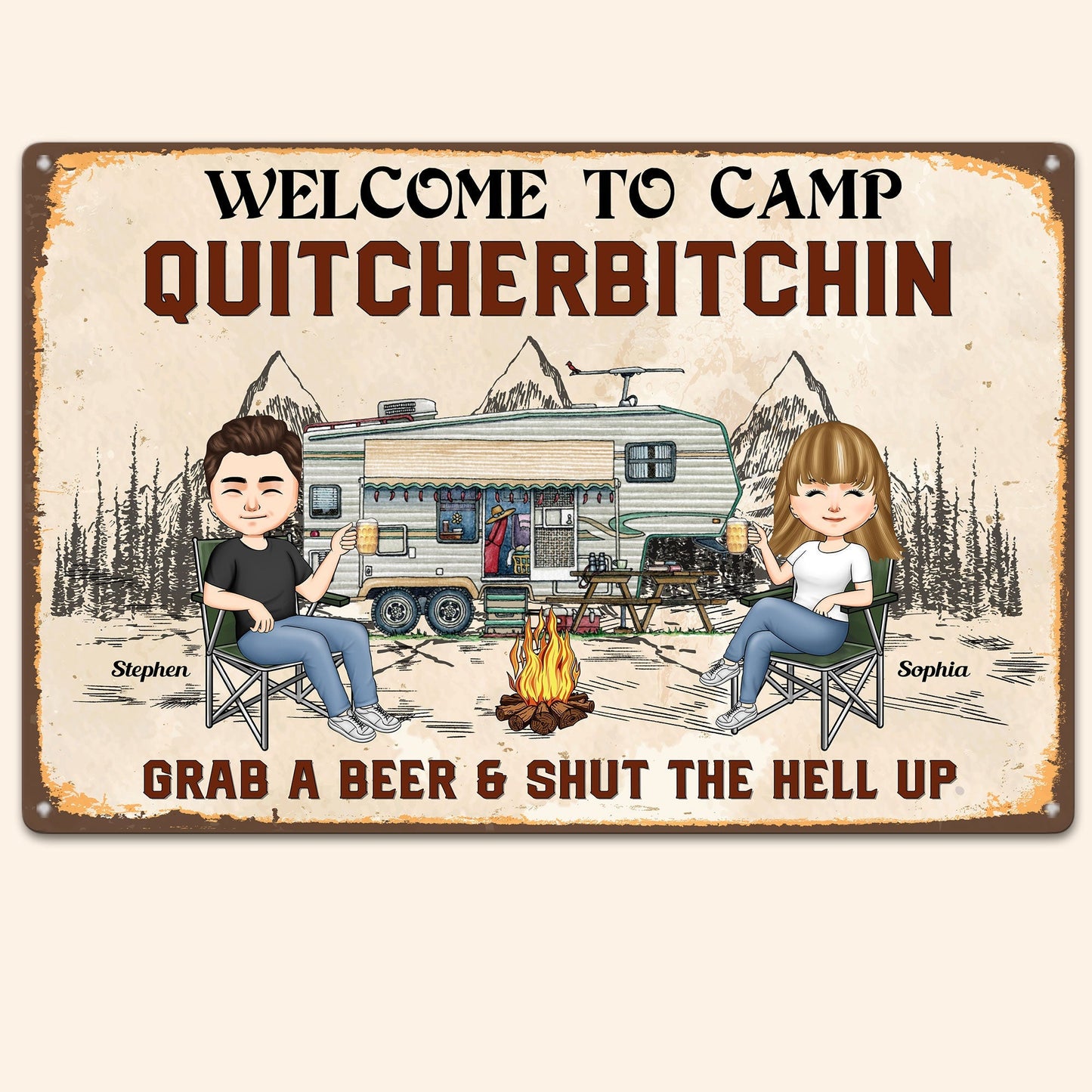 Personalized 'Camp Quitcherbitchin' Metal Sign | Funny Couple Camping