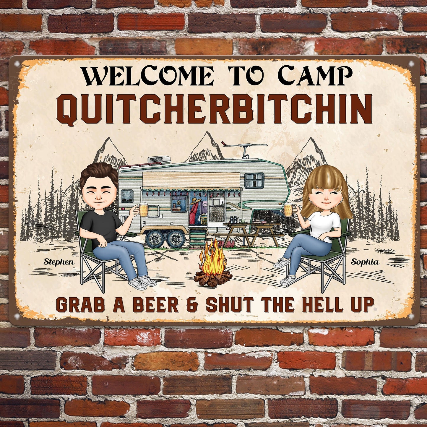 Personalized 'Camp Quitcherbitchin' Metal Sign | Funny Couple Camping