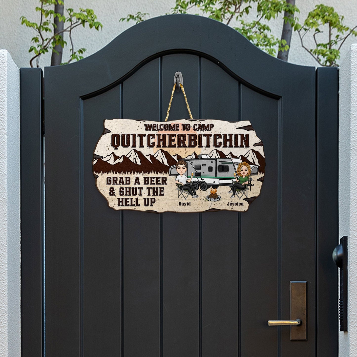 Personalized Funny Camping Wood Sign for Couples: 'Welcome to Camp Quitcherbitchin'