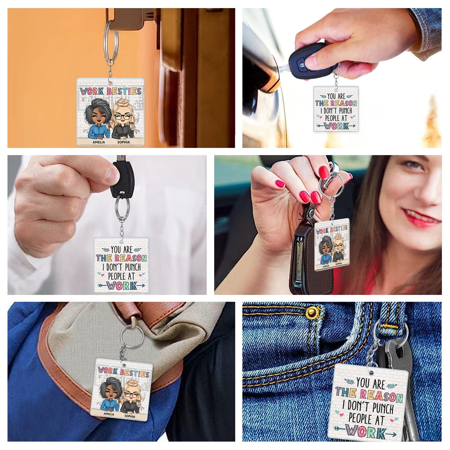 Personalized Work Besties Keychain: Funny 'Reason I Don't Punch People At Work' Gift