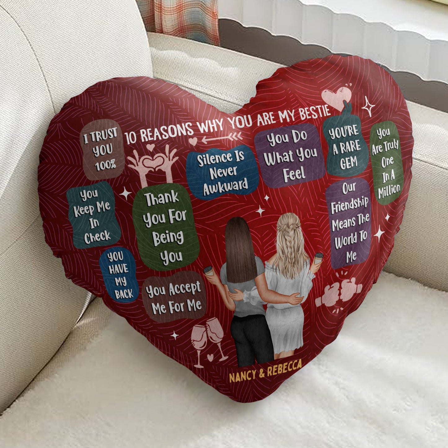 Personalized "10 Reasons Why You're My Bestie" Heart Pillow for Besties