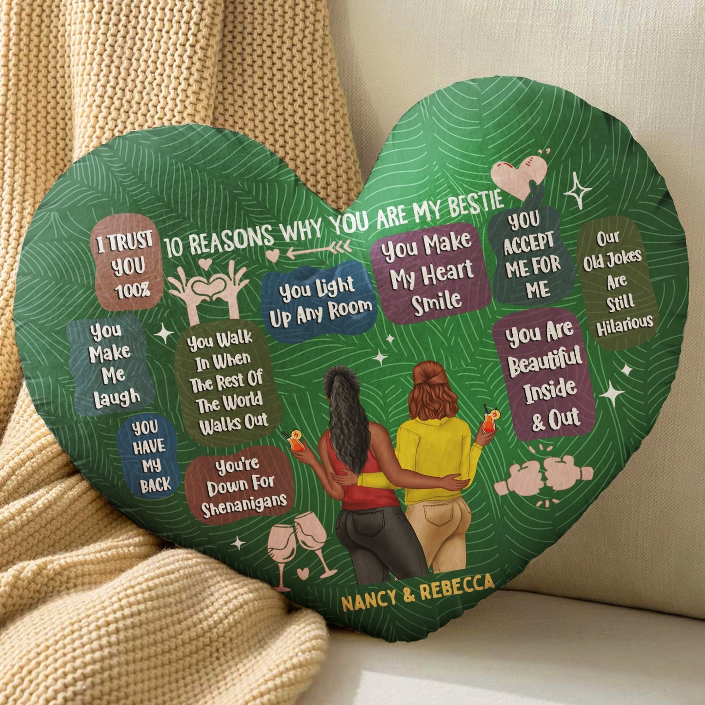 Personalized "10 Reasons Why You're My Bestie" Heart Pillow for Besties