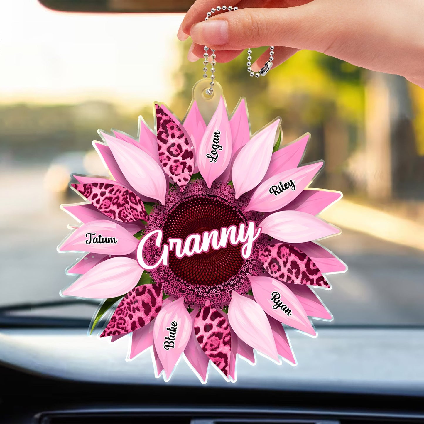 Personalized Sunflower Car Hanger for Granny, Mom & Auntie with Custom Names