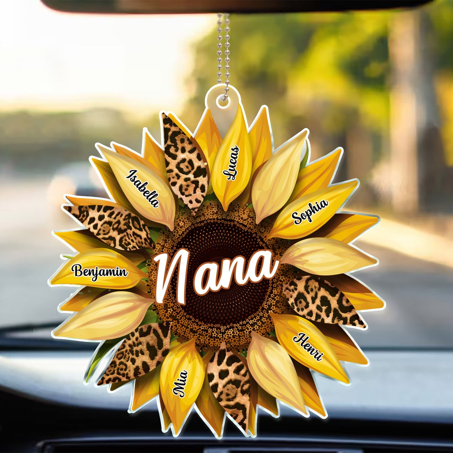 Personalized Sunflower Car Hanger for Granny, Mom & Auntie with Custom Names