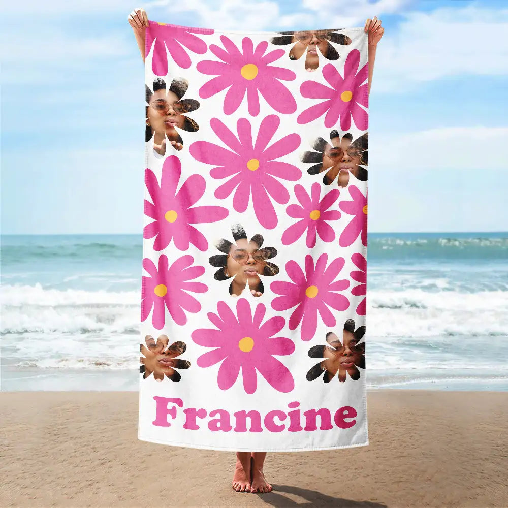 Custom Face Retro Daisy Personalized Beach Towel - Funny Summer Gift