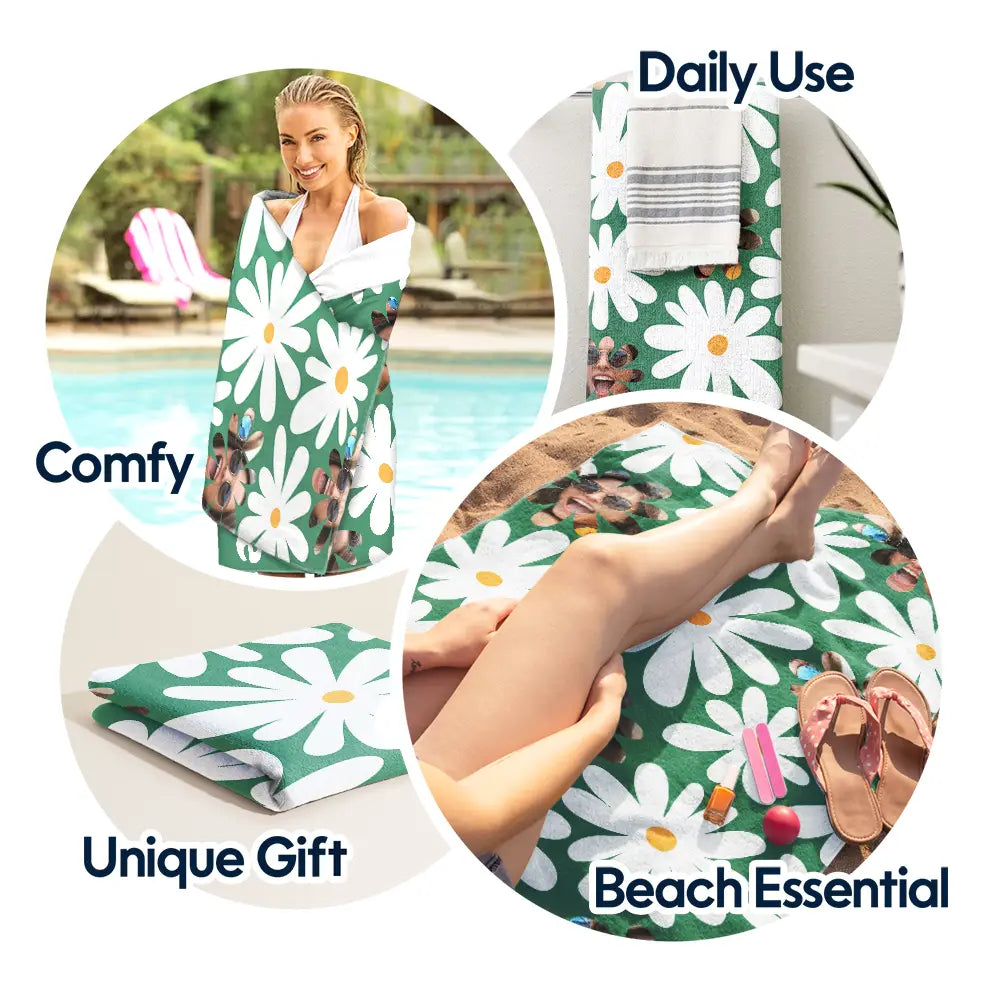 Custom Face Retro Daisy Personalized Beach Towel - Funny Summer Gift