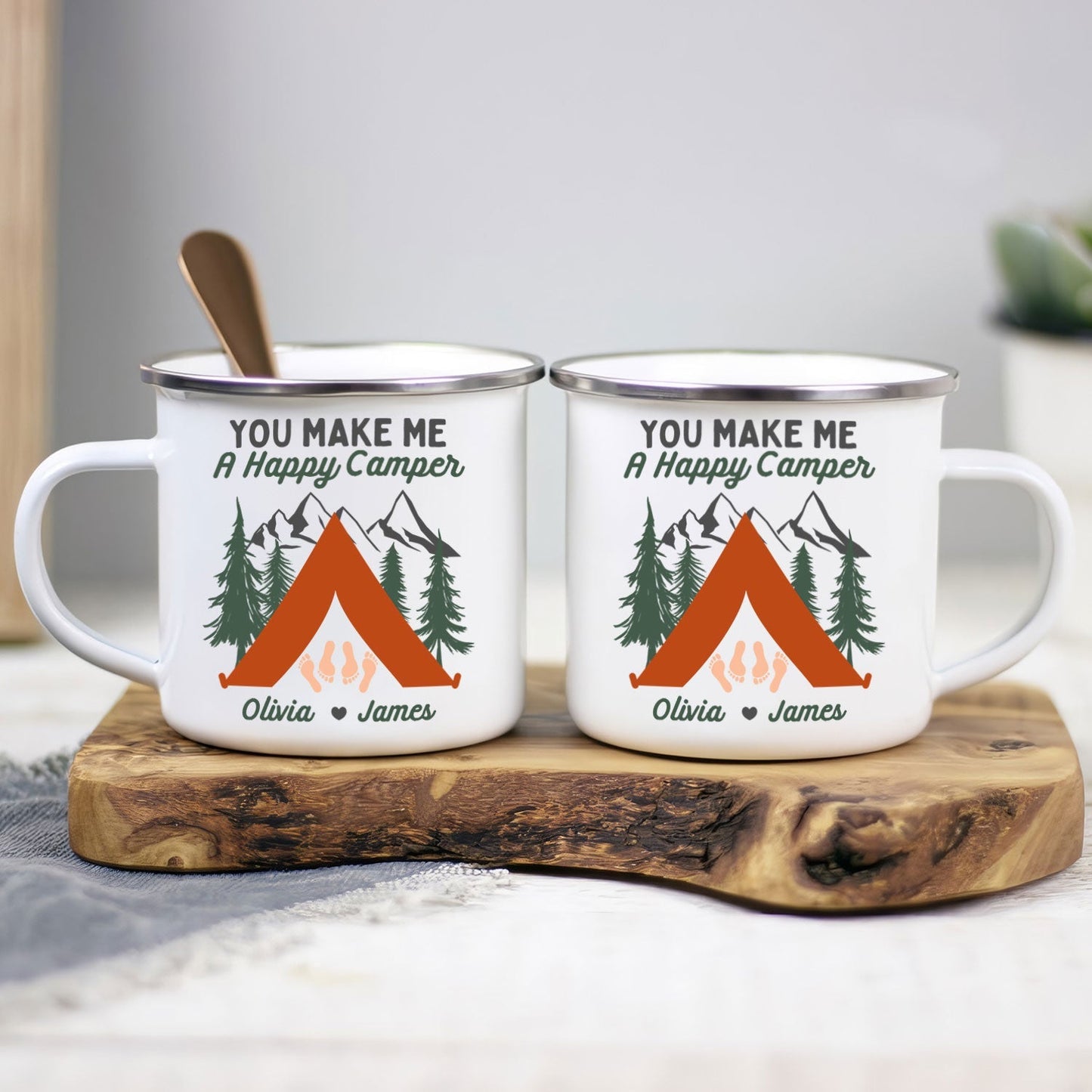 Custom 'Happy Camper' Enamel Mugs for Couples - Personalized Camping Gift