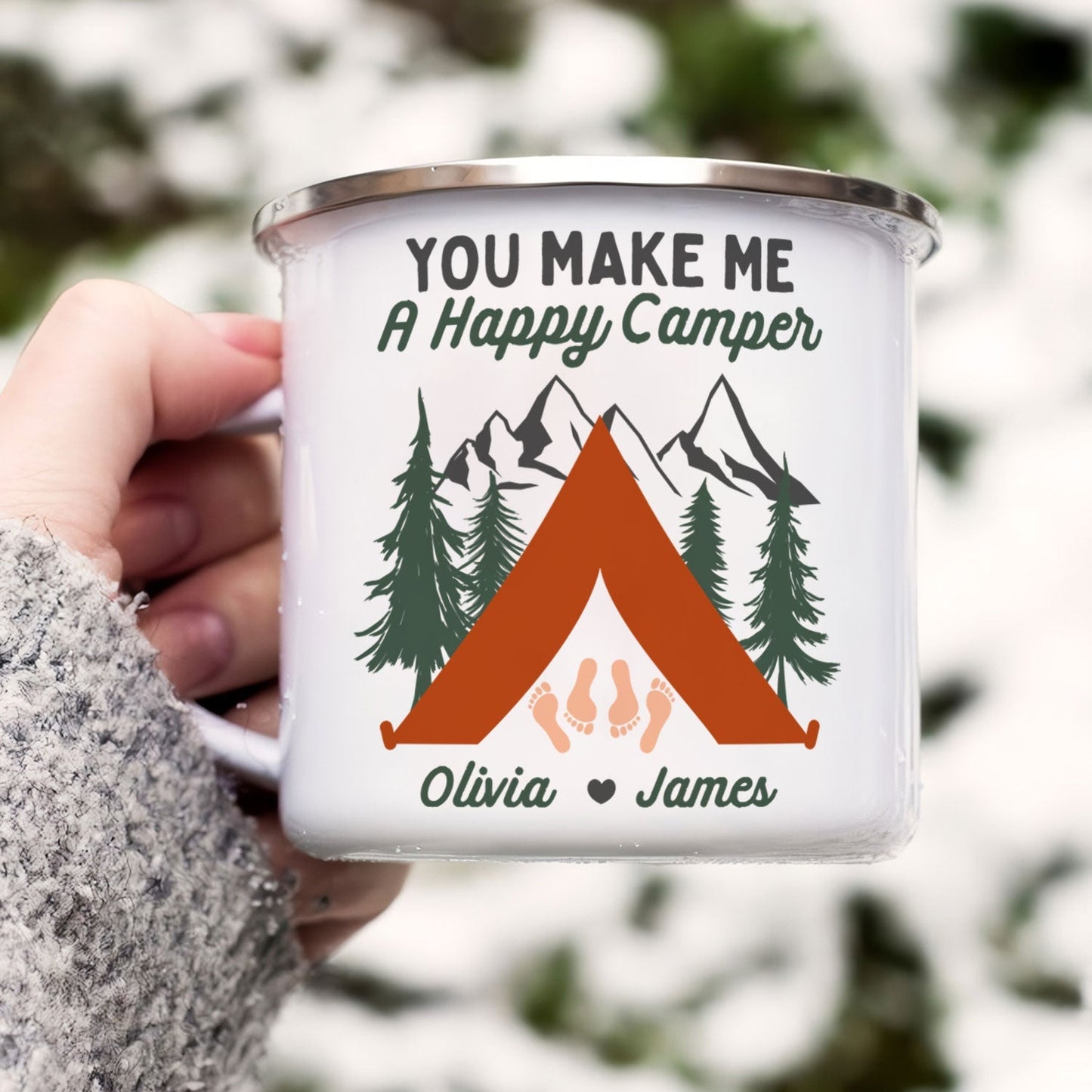 Custom 'Happy Camper' Enamel Mugs for Couples - Personalized Camping Gift