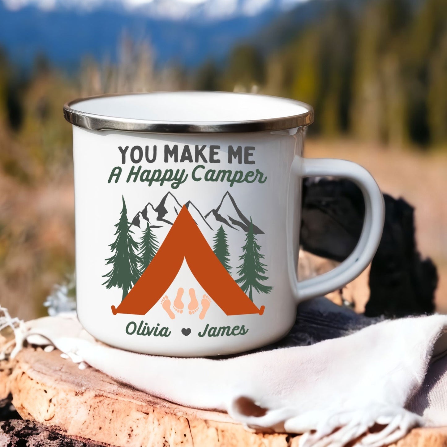 Custom 'Happy Camper' Enamel Mugs for Couples - Personalized Camping Gift