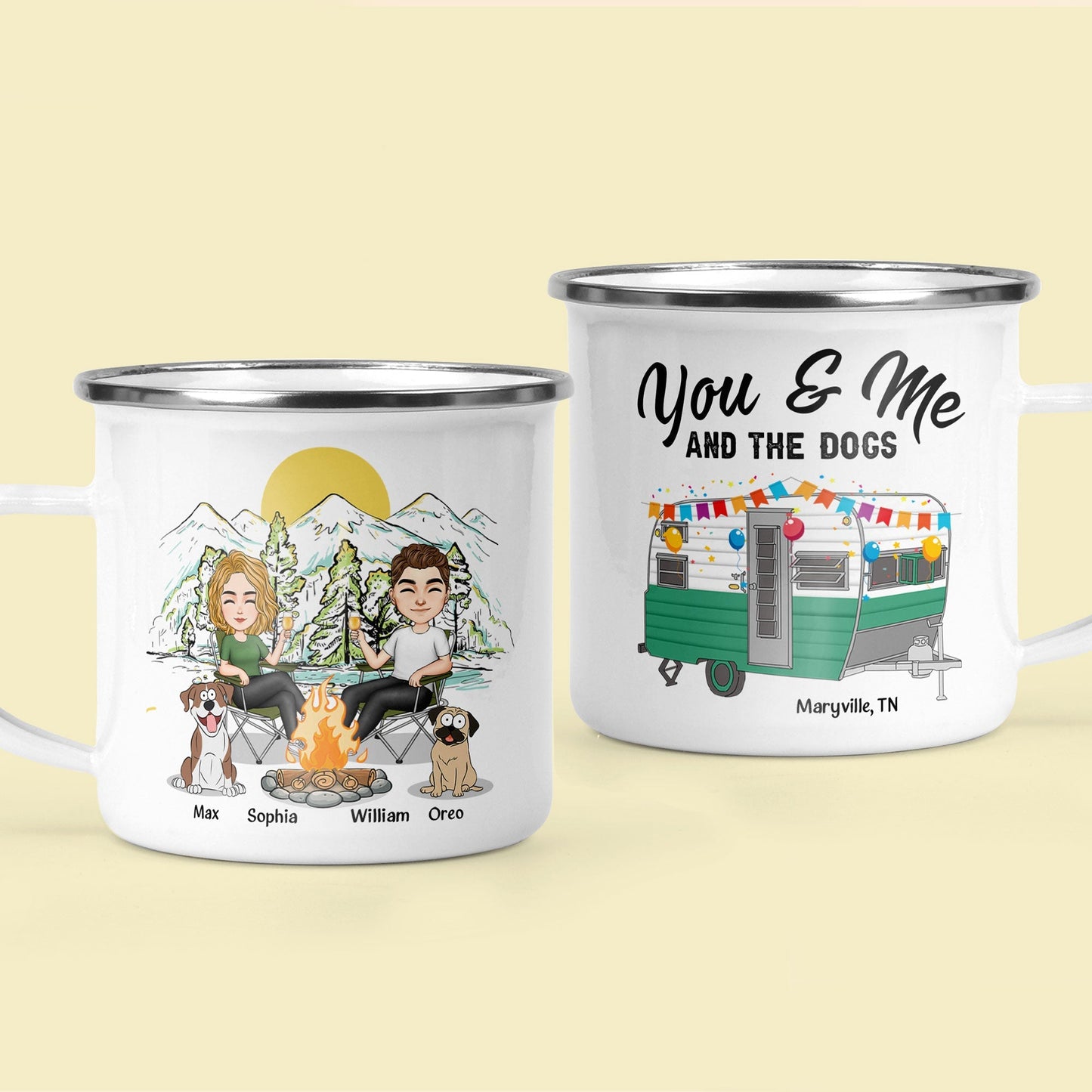 Personalized 'You & Me & The Dogs' Camping Enamel Mug for Couples