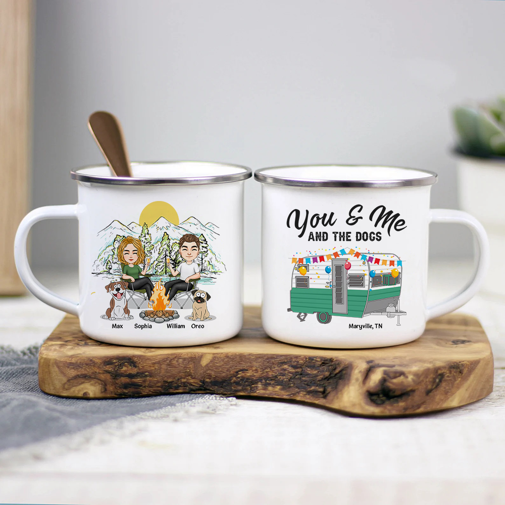 Personalized 'You & Me & The Dogs' Camping Enamel Mug for Couples
