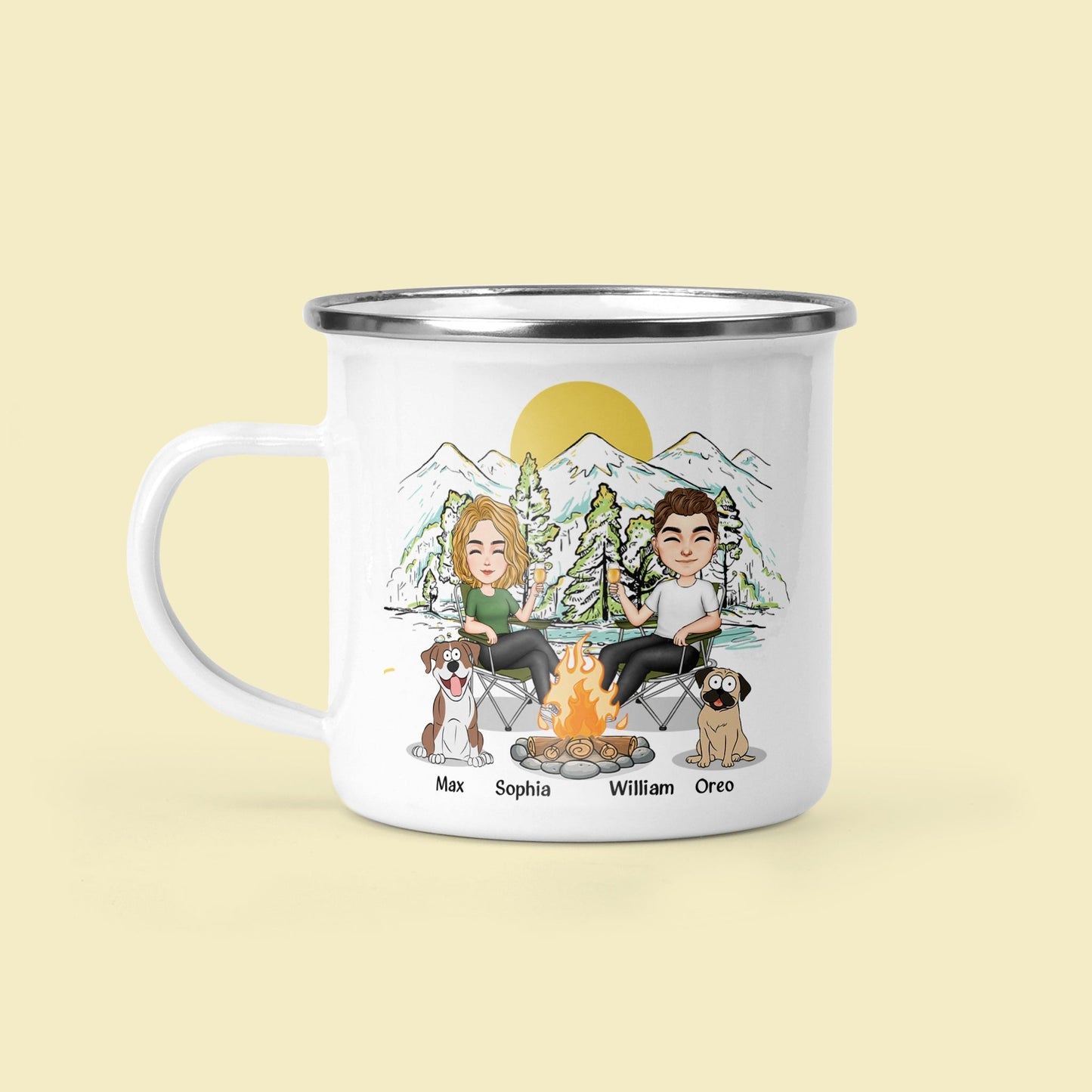 Personalized 'You & Me & The Dogs' Camping Enamel Mug for Couples