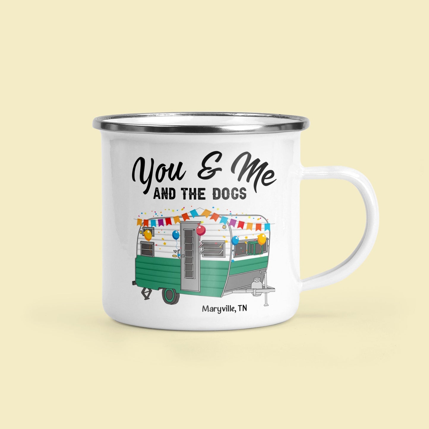 Personalized 'You & Me & The Dogs' Camping Enamel Mug for Couples