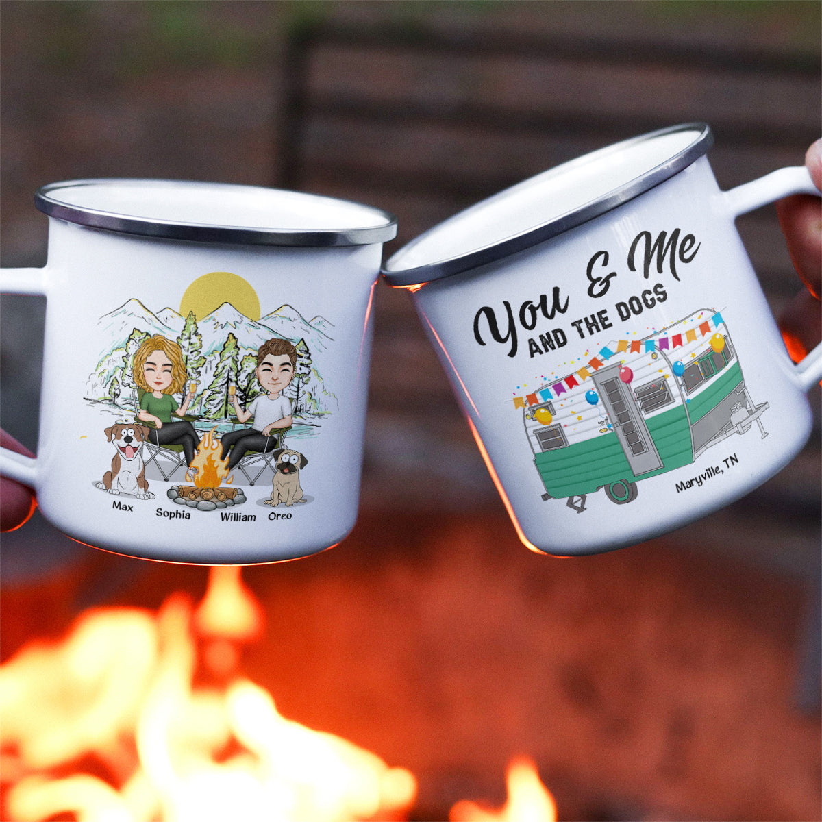 Personalized 'You & Me & The Dogs' Camping Enamel Mug for Couples