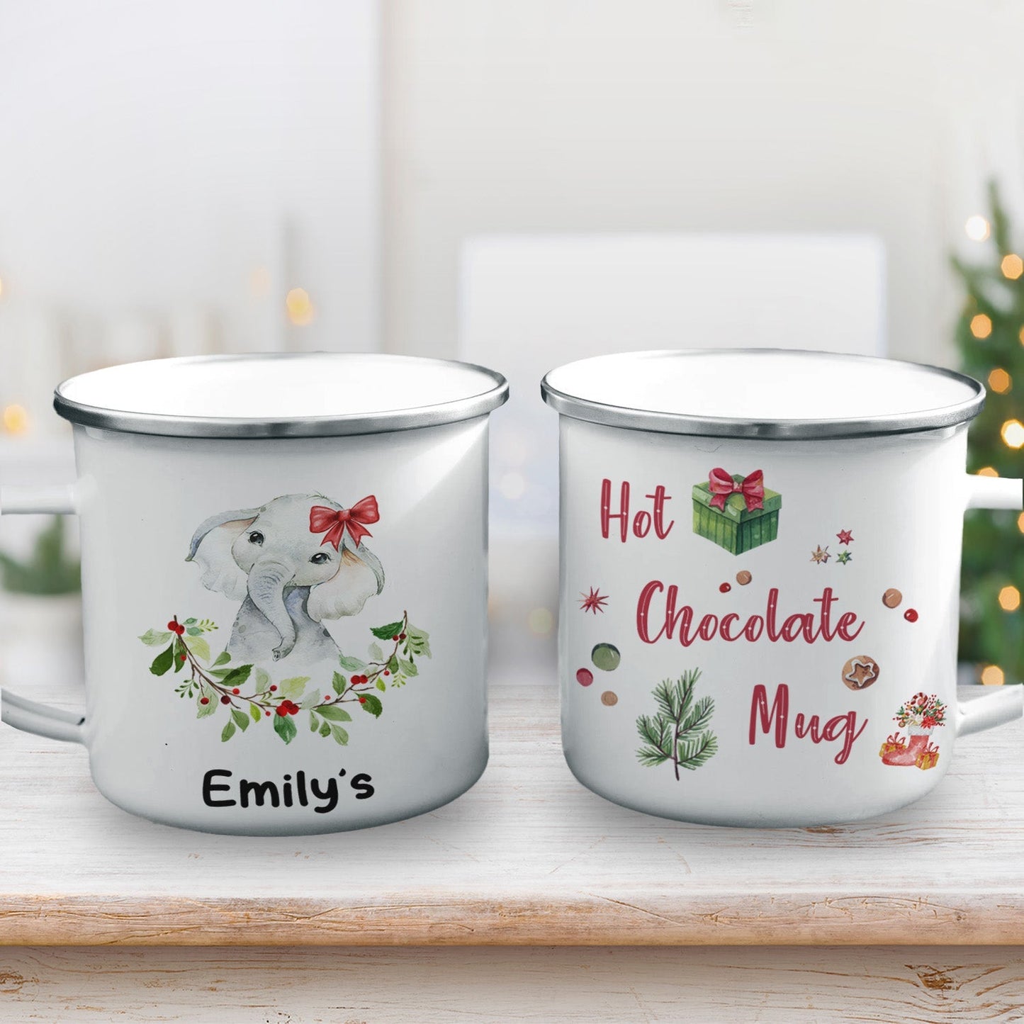 Personalized Kids' Hot Chocolate Mug | Cute Elephant Christmas Enamel