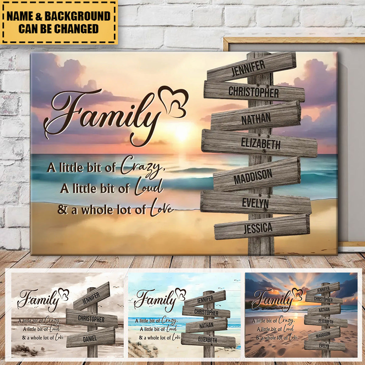 Personalized Family Beach Canvas / Poster: "Crazy, Loud & Love" Sign with Names