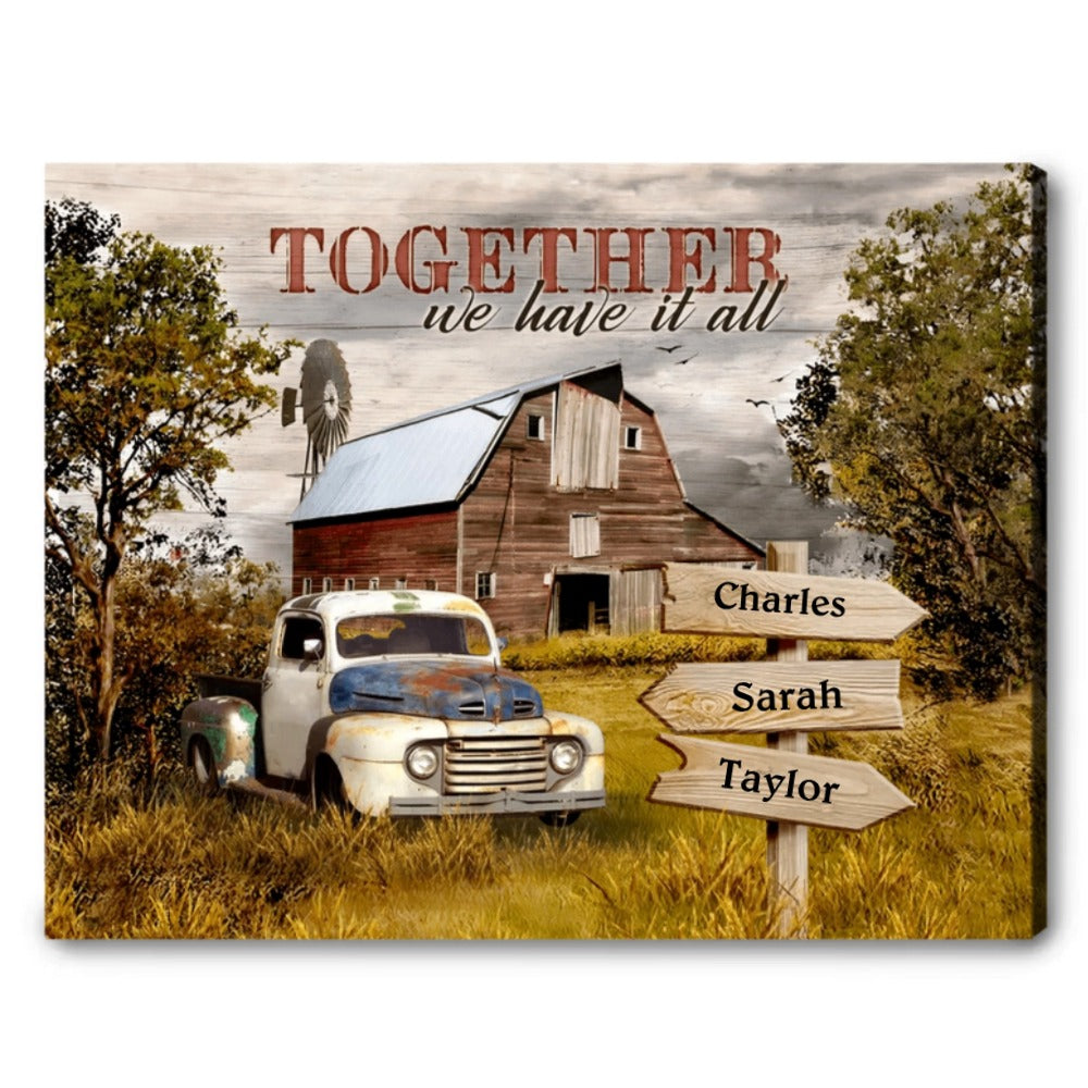 Personalized Farmhouse Truck Canvas - "Together We Have It All" Home Decor