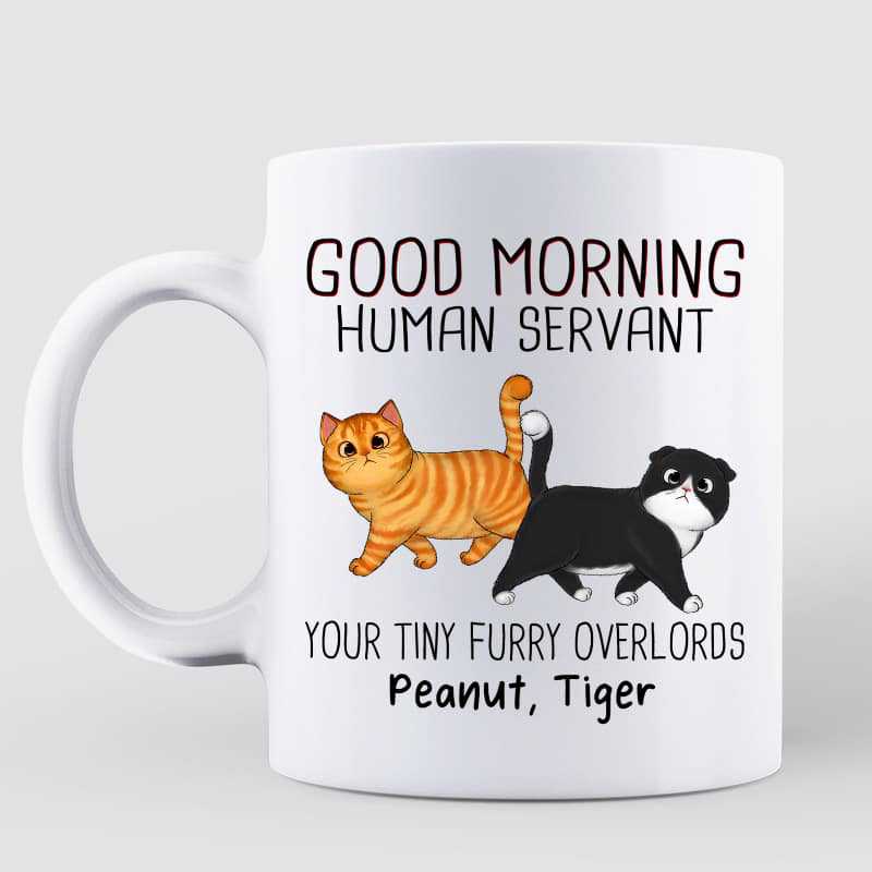 Personalized Funny Cat Lovers Mug: 'Good Morning Human Servant' with Custom Pet Names