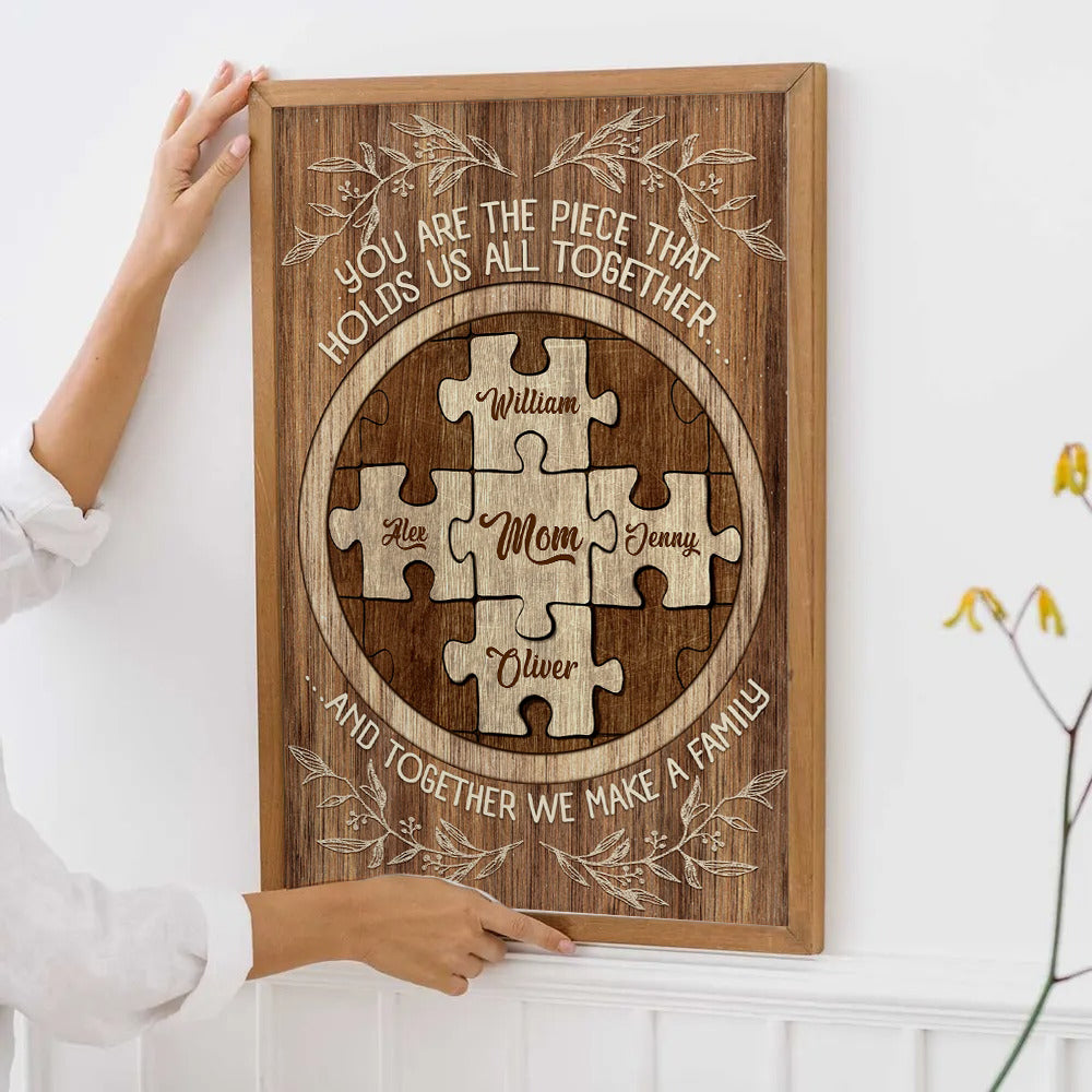 Personalized Family Puzzle Canvas - "Holds Us All Together" Gift for Mom