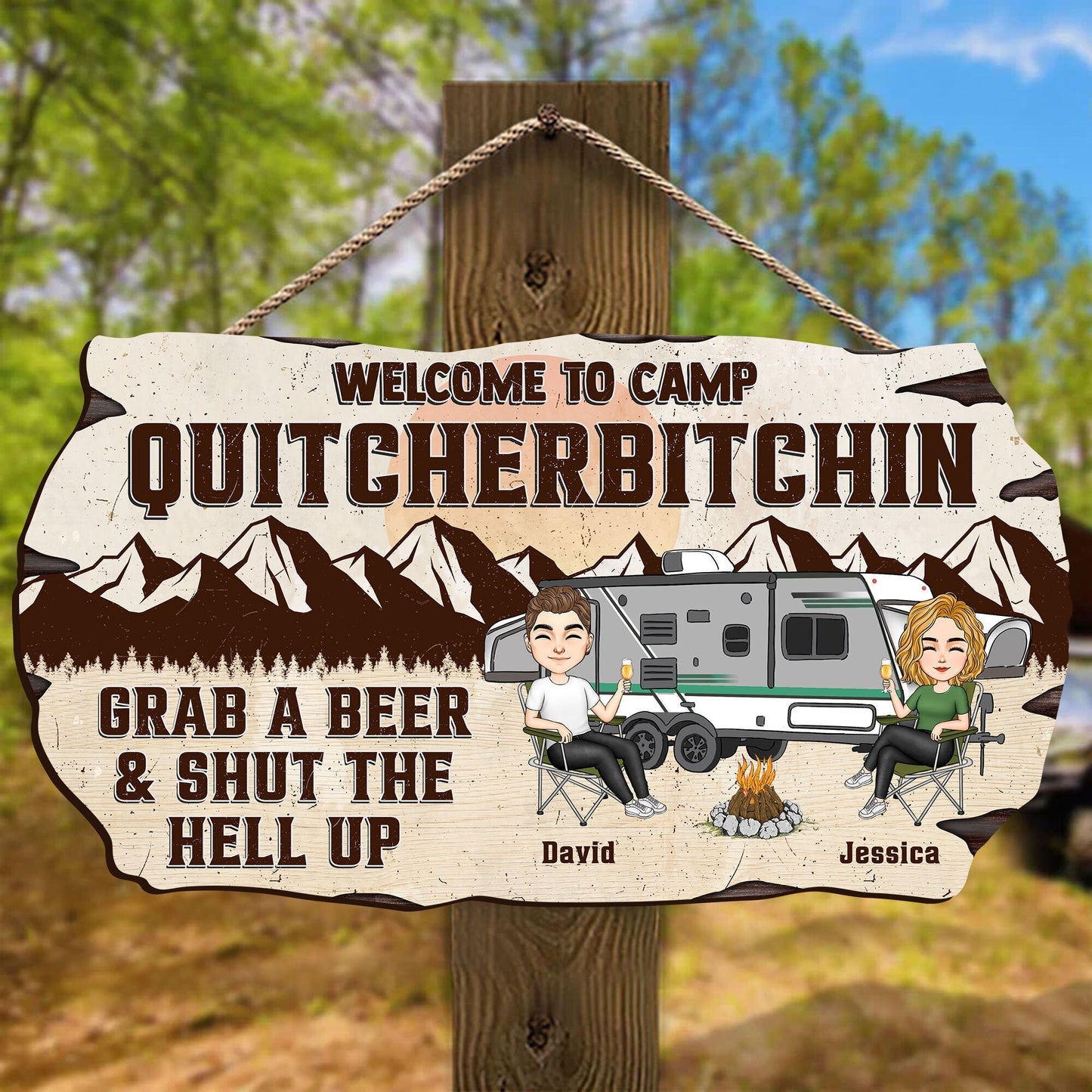 Personalized Funny Camping Wood Sign for Couples: 'Welcome to Camp Quitcherbitchin'