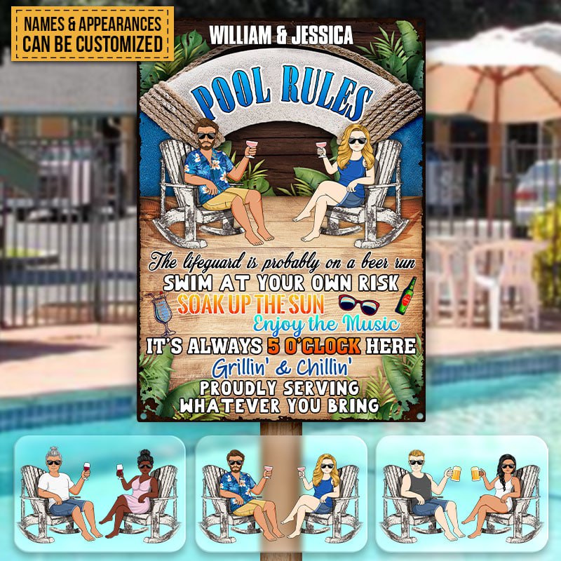 Personalized "Soak Up The Sun" Pool Rules Metal Sign for Couples