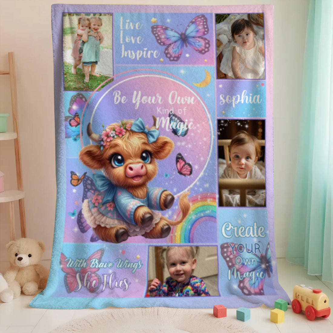 Personalized Floral Highland Cow Butterfly Soft Throw Blanket - Custom With Name and Photos