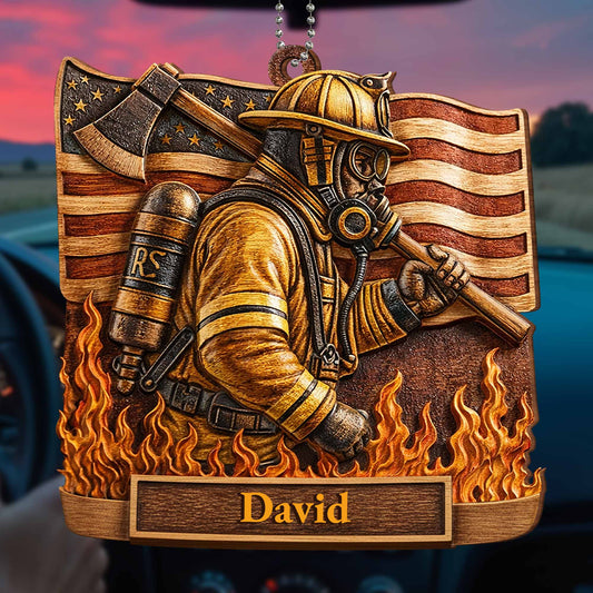 Brave Firefighter With American Flag And Vivid Flames