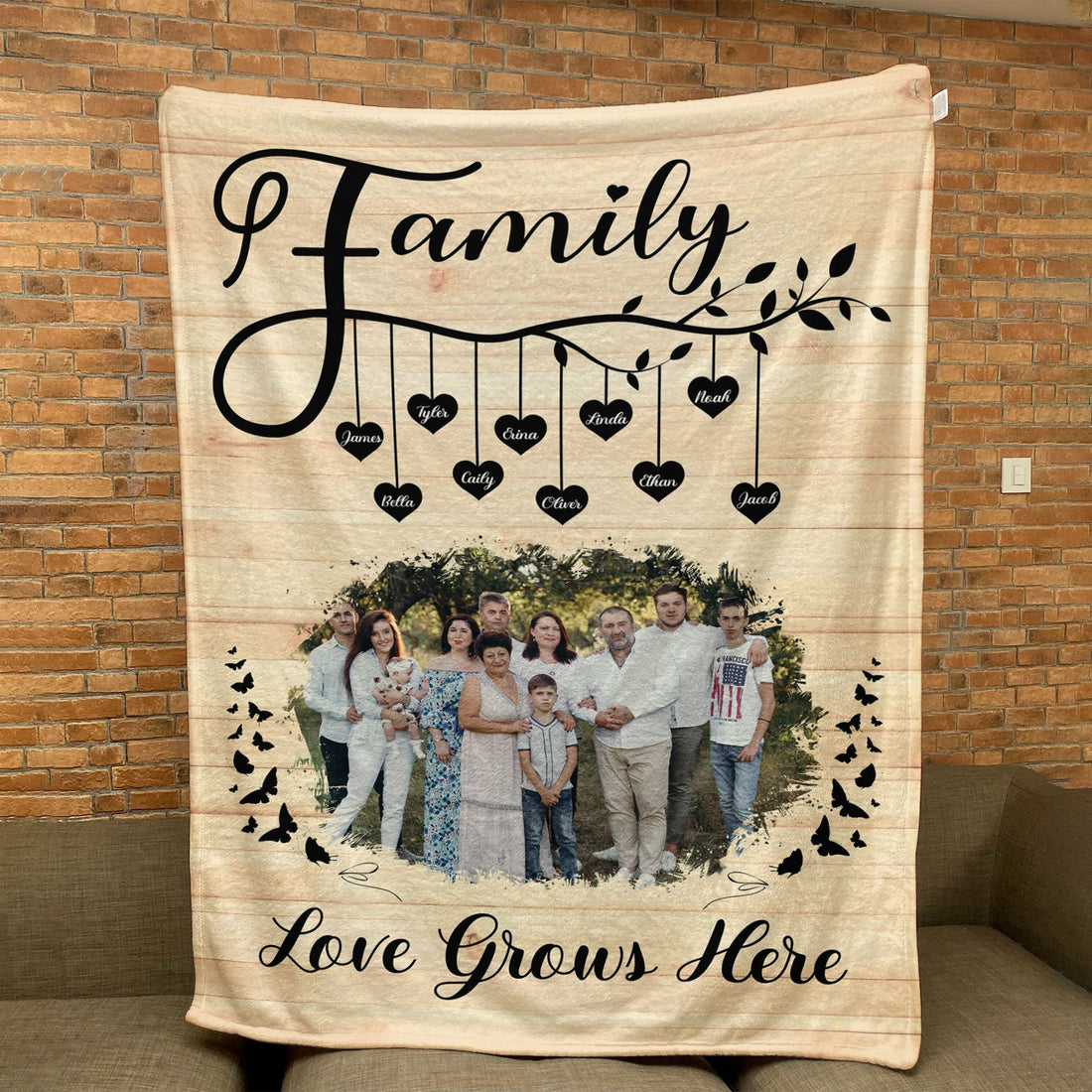 Personalized Photo & Name Family Blanket - A "Love Grows Here" Keepsake